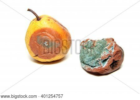 Two Rotten And Uneatable Pears. Isolated On A White Background.