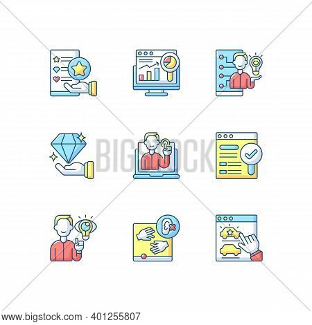 Responsive Website Design Rgb Color Icons Set. Usability Evaluation. Web Analytics. Findable, Valuab