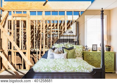 Split Screen of Cosntruction Framing and Finished Bedroom.