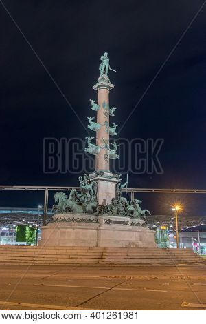 Vienna, Austria - August 30, 2020: Memorial To Wilhelm Von Tegetthoff At Night.