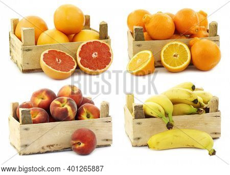 Fresh red grapefruits, minneola's, peaches and bananas in a wooden crate on a white background