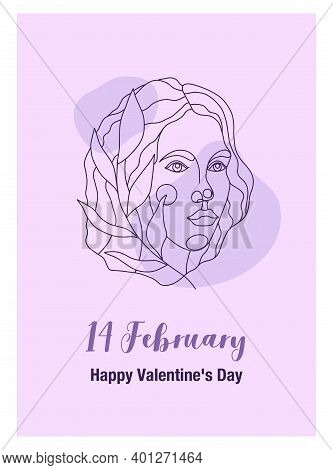Postcard With A Portrait Of A Woman For February 14. Line Art Portrait With A Branch With A Portrait