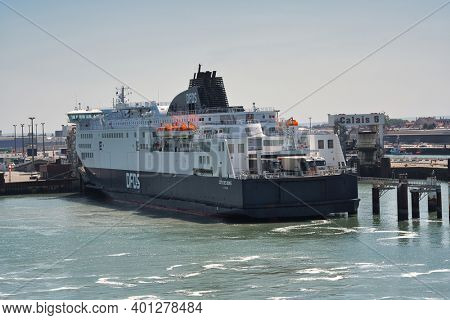 Calais, France - July 31 2020: DFDS ferry photographed from the deck of another ferry