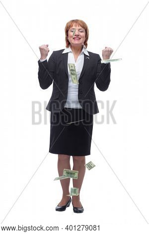 Excited Business woman happy look up forward under a money rain - isolated over a white background