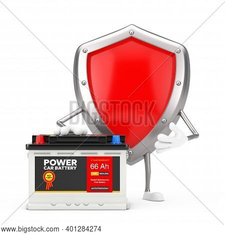 Red Metal Protection Shield Character Mascot And Rechargeable Car Battery 12v Accumulator With Abstr