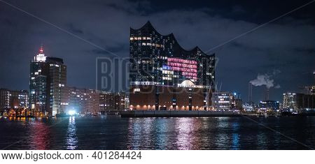 Beautiful Harbour Of Hamburg With Elbphilharmonie Concert Hall By Night - City Of Hamburg, Germany -