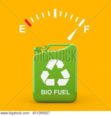 Fuel Dashboard Gauge Sign Showing A Full Tank Near Of Green Metal Jerrican With Bio Fuel Sign On A Y