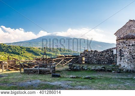 Mount Etna From Lauria Castle In Castiglione Di Sicilia, Italy