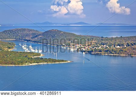 Island Of Ilovik Yachting Bay Aerial View, Kvarner Archipelago Of Croatia