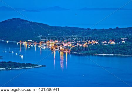 Island Of Ilovik Yachting Bay Aerial Evening View, Kvarner Archipelago Of Croatia