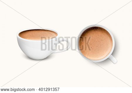 Vector 3d Realistic White Porcelain Ceramic Mug With Milk Coffee And Foam Set Isolated On White Back