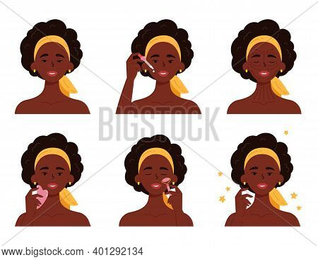 African American Woman With Bottle Of Face Serum, Facial Gua Sha Stone And Roller. Woman Massaging H