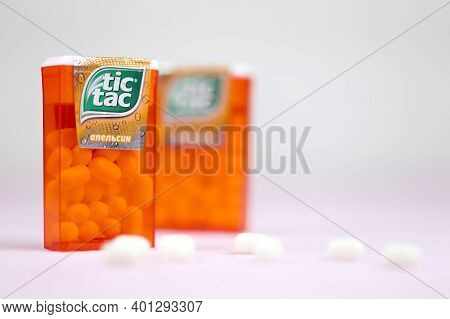 Kharkov, Ukraine - November 24, 2020: Tic Tac Drops With Orange Flavour. Tic Tacs Are Manufactured B