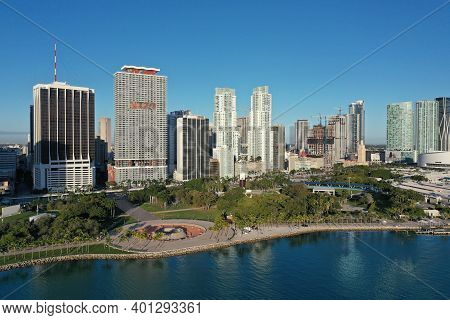 Miami, Florida - December 27, 2020 - Aerial View Of City Of Miami And Bayfront Park On Sunny Autumn 