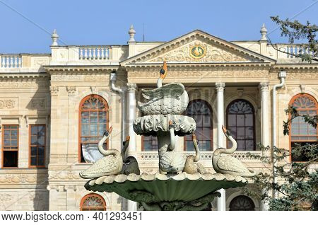 Istanbul, Turkey - October 06, 2020. Dolmabahce Palace. View Of The Sculptural Fountain In Front Of 