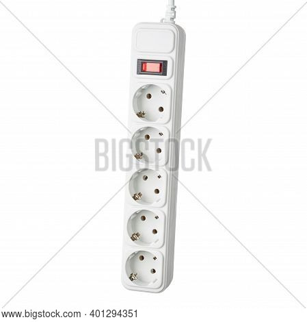 New Empty White Power Cord Strip. Outer Space. Isolated On White Background.
