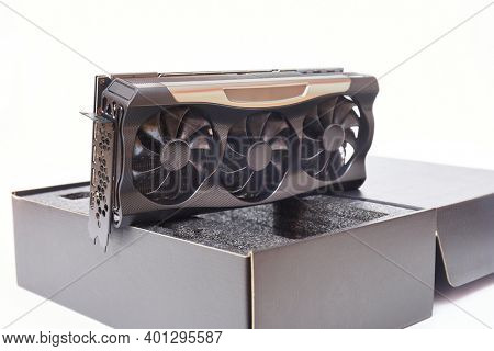 New high end graphics card computer hardware upgrade unboxed against white background