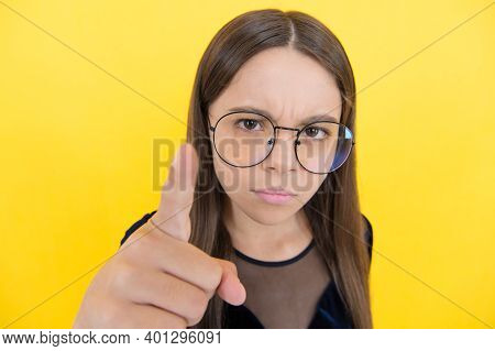 Nerd. Selective Focus.wearing Uv Protective. Strict Teen Girl Wear Glasses Because Of Bad Eyesight. 