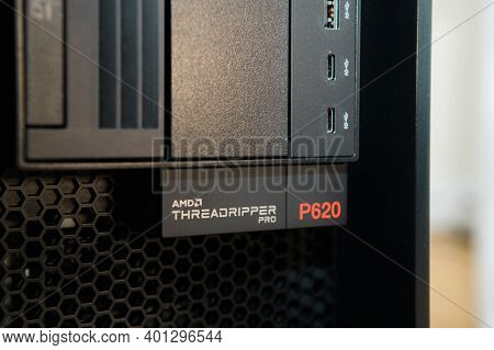 Paris, France - Nov 25, 2020: Close-up Macro Shot Of New Lenovo P620 Thinkstation Workstation With A