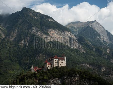 Panoramic View Of Burg Gutenberg Medieval Castle On A Hill In Balzers Liechtenstein Alps Mountains