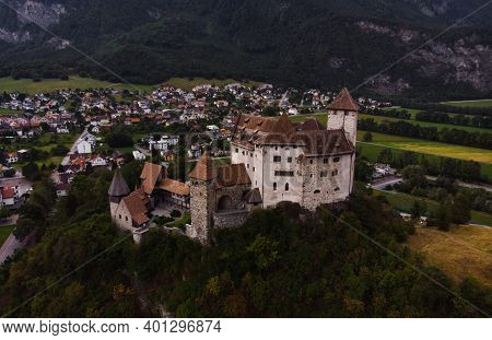 Panoramic View Of Burg Gutenberg Medieval Castle On A Hill In Balzers Liechtenstein Alps Mountains