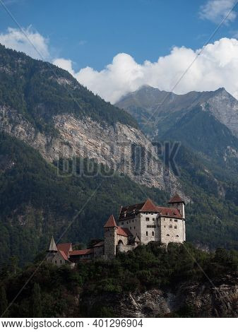 Panoramic View Of Burg Gutenberg Medieval Castle On A Hill In Balzers Liechtenstein Alps Mountains