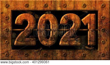 Rusty Numbers Spelling 2021 Are Bolted Onto A Long Bolt Against A Black Backround. Multiple Animals 