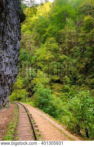 Old Narrow Gauge Railway. A Canyon Guamka, Path From Mezmay To Guamka. Russia, Krasnodar Region.