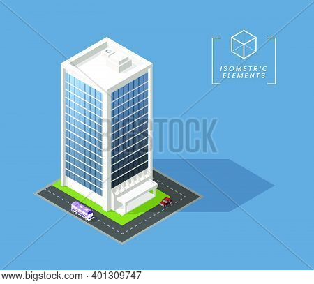 Isometric High Quality City Building With Shadows On Background . Isolated Vector Elements