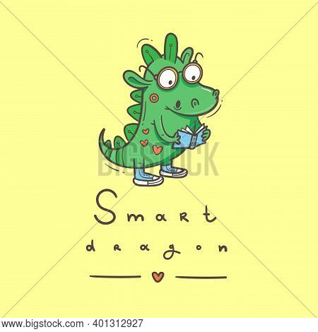 Card With  Cute Cartoon Smart Dragon. Funny Crocodile Print. Reading Reptile Poster. Vector Doodle L