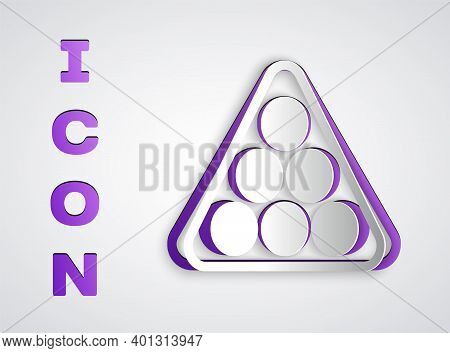 Paper Cut Billiard Balls In A Rack Triangle Icon Isolated On Grey Background. Paper Art Style. Vecto