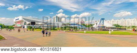 Minsk, Belarus, July 26, 2020: Panorama Of Minsk City With Square Near Minsk Sports Palace Building 