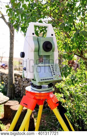 Total Station. Survey Instrument Geodetic Device, Total Station Set In The Field.