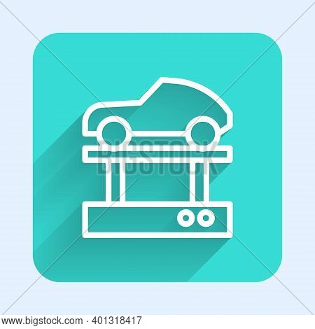 White Line Repair Car On A Lift Icon Isolated With Long Shadow. Repair Of The Underbody, Suspension,
