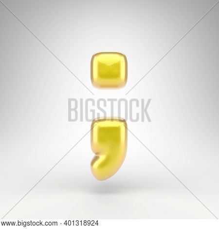Semicolon Symbol On White Background. Yellow Car Paint 3d Rendered Sign With Glossy Metallic Surface