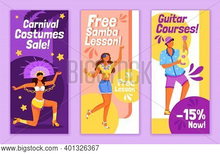 Brazilian Carnival Flyers Flat Vector Templates Set. Free Samba Lesson Printable Leaflet Design Layo