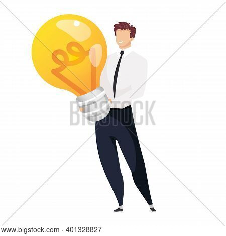 Idea Generation Flat Concept Vector Illustration. Man Holding Light Bulb 2d Cartoon Character For We