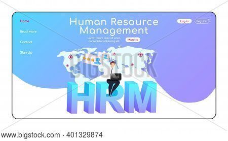 Human Resource Management Landing Page Flat Color Vector Template. Businessman Sitting On Word Homep