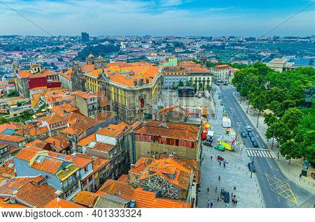 Aerial View Of Porto Oporto City Historical Centre With Red Tiled Roof Typical Buildings, Igreja De 