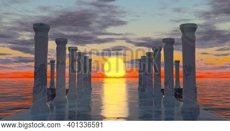 3d Rendering. Round And Avenue Of Marble Stone And Old Dilapidated Columns, Illuminated By Sunlight 