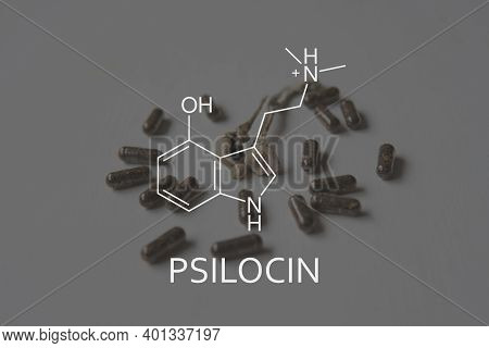 Psilocin Formula. Recreational Use Of Psilocybin Mushrooms. Legalization Medical Psychedelic.