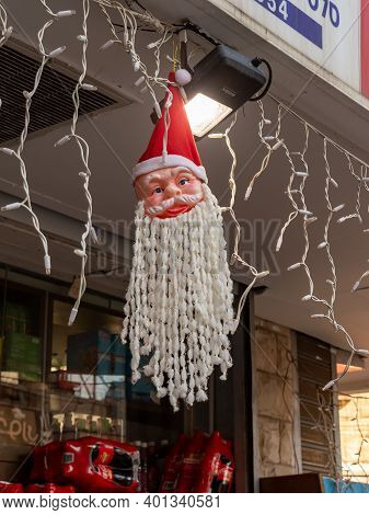 Haifa, Israel, December 25, 2020 : Santa Claus Face As Decoration For Christmas Celebration In The S