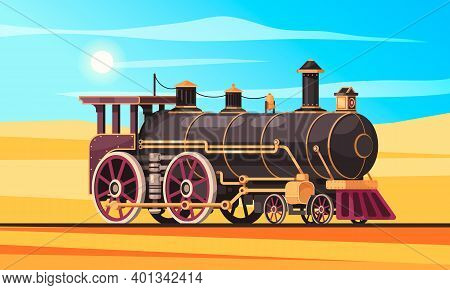 Vintage Transport Composition With Desert Landscape Sand And Sunny Sky With Railway And Classic Stea