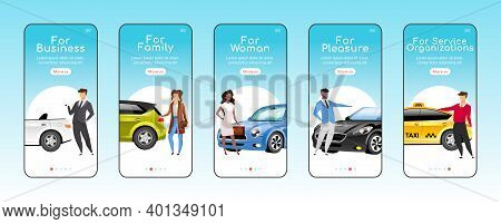 Car Types Onboarding Mobile App Screen Flat Vector Template. Automobiles For Different Purposes. Wal