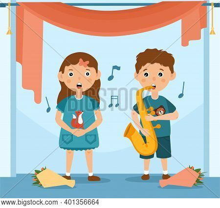 Two Cute Cartoon Kids Having A Music Lesson With A Young Girl Singing Accompanied By A Boy Playing A