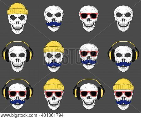 Set Of Skulls With Hats, Mustache, Sunglasses And Headphones. Vector Illustrations. Isolated Objects