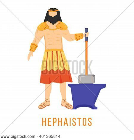 Hephaistos Flat Vector Illustration. Hephaestus. God Of Fire And Metalworking. Ancient Greek Deity. 