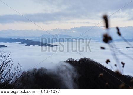 Low Clouds, View Of Winter Forest And Mountains From Observation Deck, Horizontal Picture Of Amazing