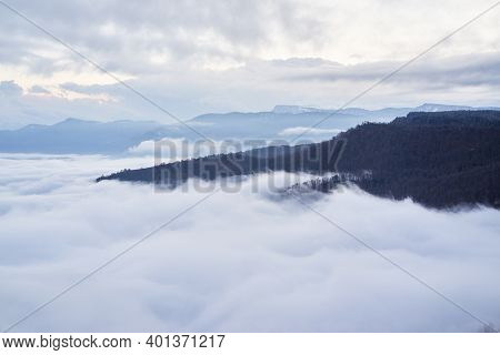 Low Clouds, View Of Winter Forest And Mountains From Observation Deck, Horizontal Picture Of Amazing