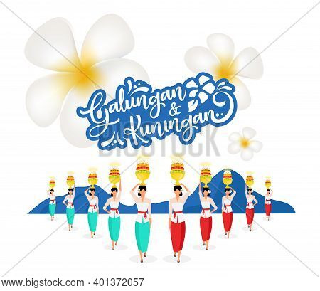 Galungan And Kuningan Flat Poster Vector Template. Religious Holiday. Women In National Clothing Iso